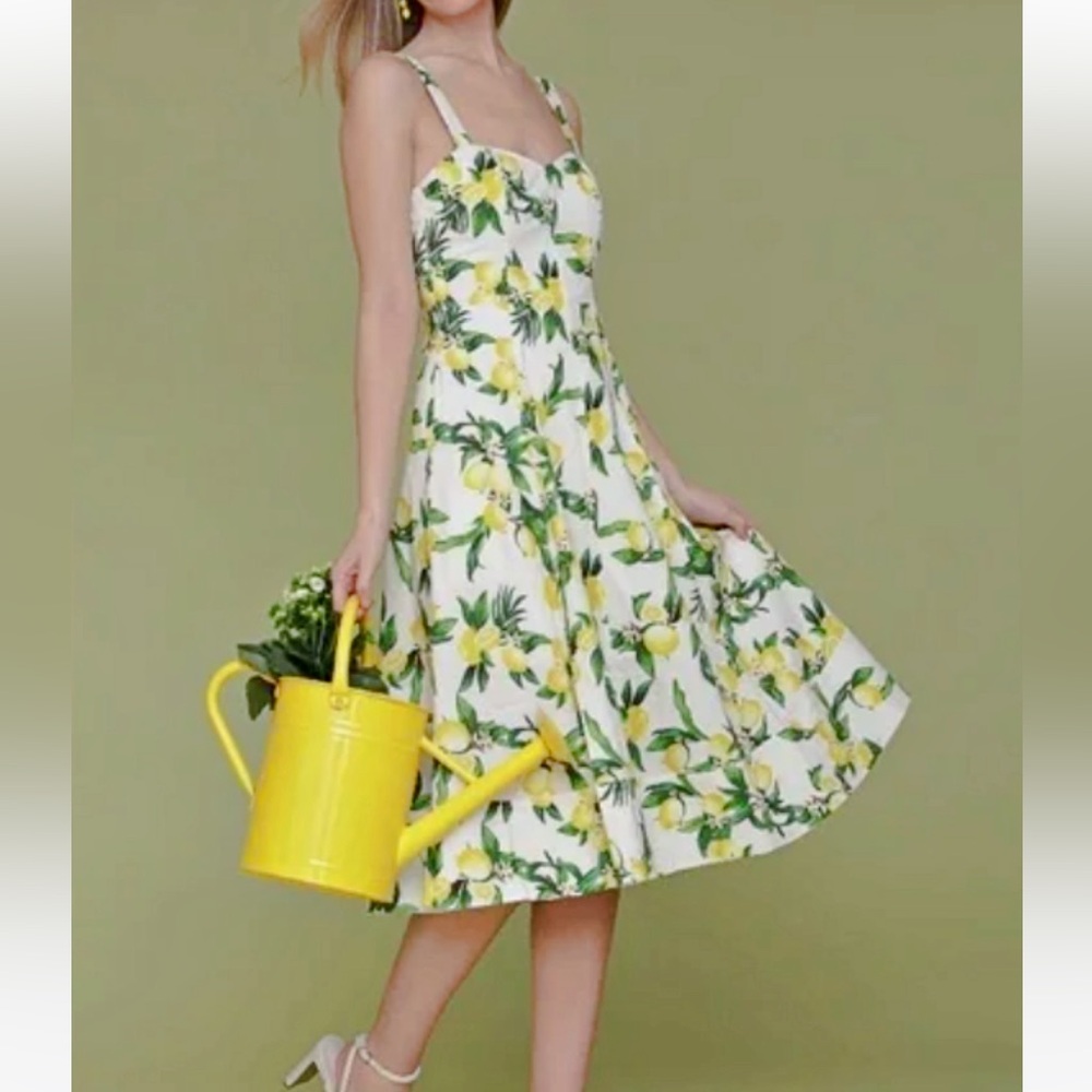 NWT Avec Les Filles Lemon Print Pockets Cotton-Blend Sweetheart Midi Dress 6